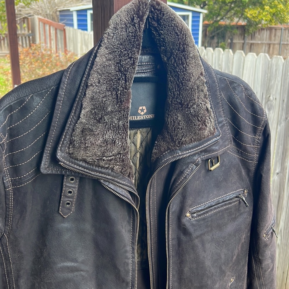 Deep brown waxed leather jacket by Milestone - size large - runs small